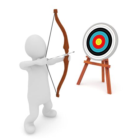 3d illustration stickman character archery target white background isolated.の写真素材