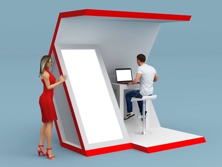 3d illustration stand booth expo with blank space banner and table laptop for information.の写真素材