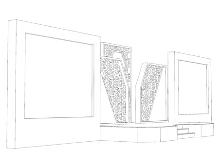 3d illustration stage backdrop with 2 screen ornament decoration for event exhibition. High resolution image sketch outline drawing coloring isolated.の写真素材