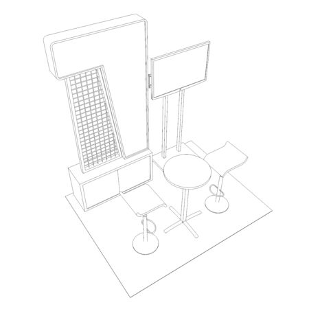 3d illustration stand booth with standing portable LED TV and dealing table for event exhibition. High resolution image sketch outline drawing coloring isolated.の写真素材
