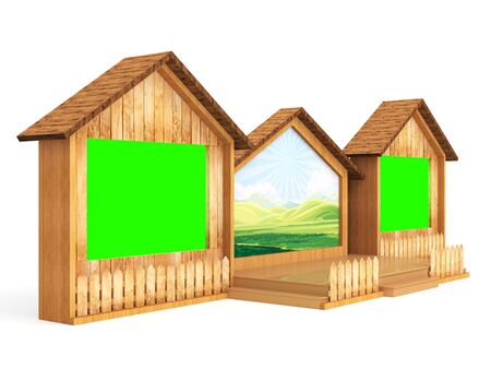 3d illustration stage backdrop 2 screen wing covering wood texture and fence for show performance. High resolution image white background isolated.の写真素材