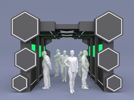 3d illustration tunnel gate entrance backdrop LED TV green screen with blank space logo company for event exhibition. High resolution image isolated.の写真素材