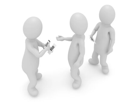 3d illustration stickman character scan QR Code with smartphone. High resolution image white background isolated.の写真素材