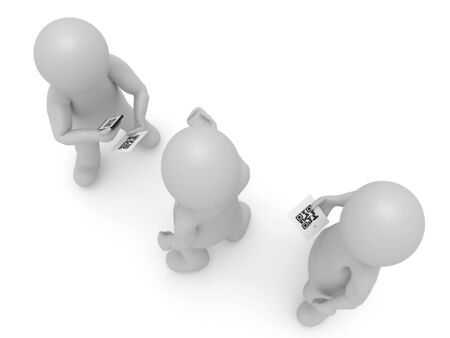 3d illustration stickman character scan QR Code with smartphone. High resolution image white background isolated.の写真素材