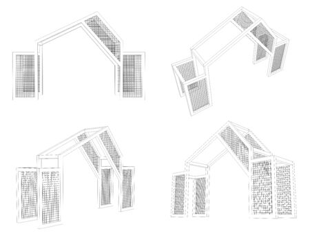 3d illustration gate entrance wiremesh  metal construction for event. High resolution image sketch outline drawing coloring white background isolated.の写真素材