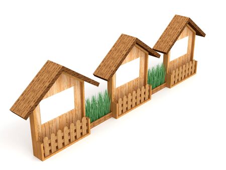 3d illustration backdrop LED TV screen blank space logo company wooden texture with fence and plantation for event exhibition. High resolution image white background isolated.の写真素材