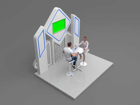 3d illustration stand booth islamic ornament decoration with talking people at barstool table and backdrop TV green screen for event exhibition. High resolution image isolated.の写真素材