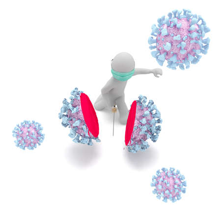 3d illustration stickman wearing masker cutting with  sword against virus corona covid-19. High resolution image white background isolated.の写真素材