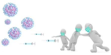 3d illustration stickman wearing face mask throwing syringe against virus corona covid-19. High resolution image white background isolated.の写真素材