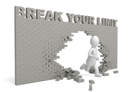 3d illustration stickman running through wall with text break your limit. High resolution image...