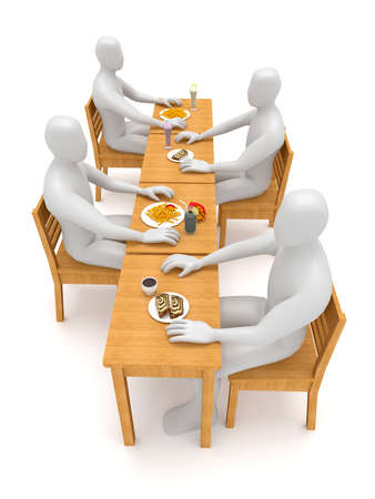 3d illustration stickman doing eat and drink in the table with social distance protocol for preventing against virus corona covid-19. High resolution image white background isolated.の写真素材