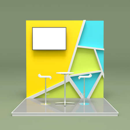 3d illustration stand booth backdrop colorful decoration style with blank LED TV Screen and barstool table for event exhibition and. High resolution image isolated.の写真素材