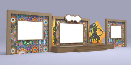 3d illustration stage backdrop LED TV screen with shadow puppet java indonesia traditional culture (wayang) silhouette decoration and blank space logo company. High resolution image isolated.の写真素材