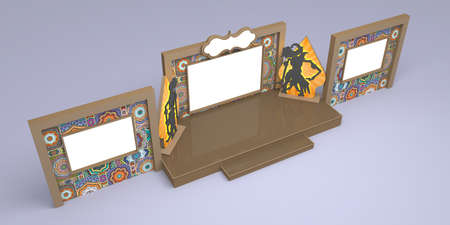 3d illustration stage backdrop LED TV screen with shadow puppet java indonesia traditional culture (wayang) silhouette decoration and blank space logo company. High resolution image isolated.の写真素材