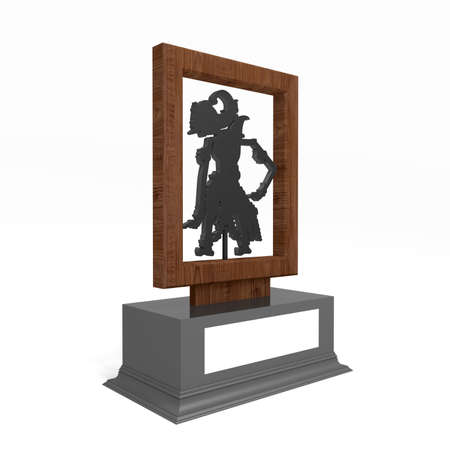 3d illustration trophy award winner with shadow puppet java indonesia traditional culture (wayang) silhouette decoration and blank space logo company for gift souvenir. High resolution image isolated.の写真素材