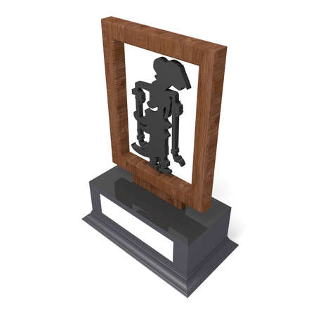 3d illustration trophy award winner with shadow puppet java indonesia traditional culture (wayang) silhouette decoration and blank space logo company for gift souvenir. High resolution image isolated.の写真素材