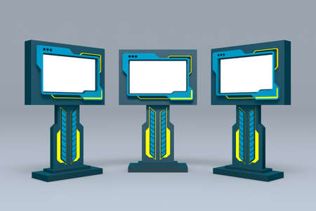 3d illustration standing display TV screen cover frame hi-tech digital futuristic style decoration for information event exhibition. High resolution image isolated.の写真素材