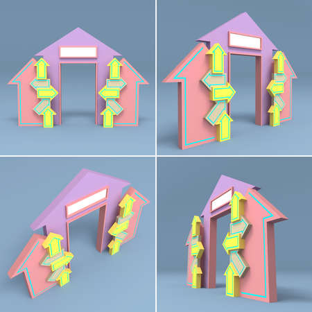3d illustration gate entrance backdrop arrow house ornament decoration with blank space logo company for event exhibition. High resolution isolated.の写真素材