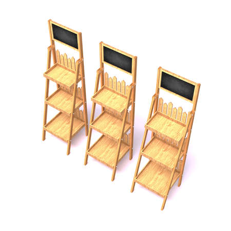3d illustration rack display wooden construction portable with blank space logo company. High...