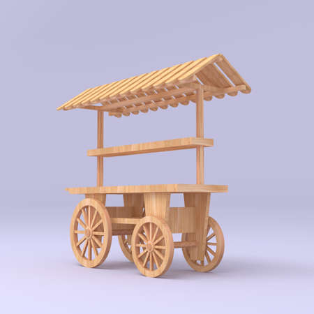 3d wooden cart with canopy for selling display product. High resolution image illustration rendering background isolated.の写真素材