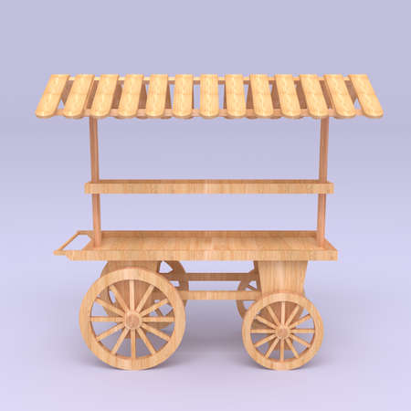 3d wooden cart with canopy for selling display product. High resolution image illustration rendering background isolated.の写真素材