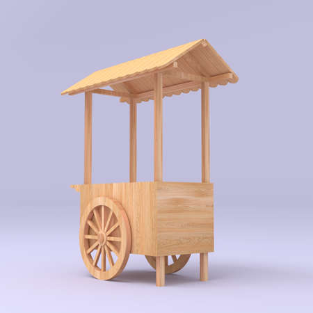 3d wooden cart with canopy for selling display product. High resolution image illustration rendering background isolated.の写真素材