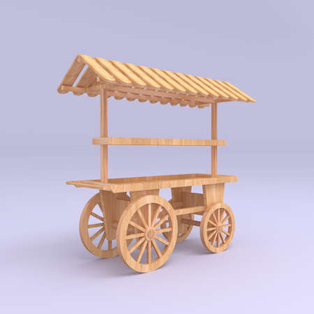 3d wooden cart with canopy for selling display product. High resolution image illustration rendering background isolated.の写真素材