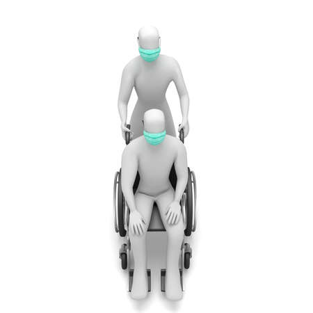 3d illustration stickman using wheel chair for sick people. High resolution image white background isolated.の写真素材