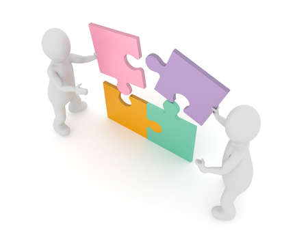 Stickman teamwork solving puzzle solution. 3d illustration high resolution image white background isolated.の写真素材
