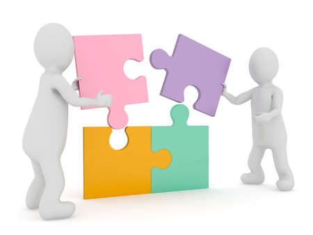 Stickman teamwork solving puzzle solution. 3d illustration high resolution image white background isolated.の写真素材