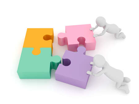 Stickman teamwork solving puzzle solution. 3d illustration high resolution image white background isolated.の写真素材