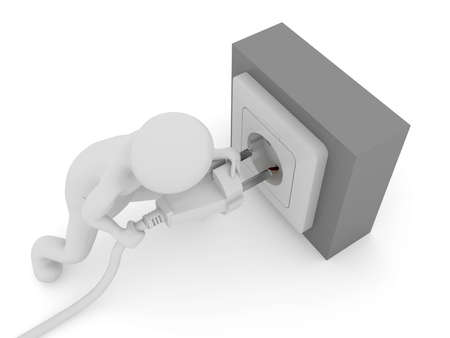 Stickman holding electric plug to socket power supply. 3d illustration high resolution image white background isolated.の写真素材