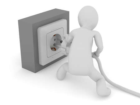 Stickman holding electric plug to socket power supply. 3d illustration high resolution image white background isolated.の写真素材