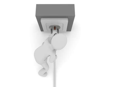 Stickman holding electric plug to socket power supply. 3d illustration high resolution image white background isolated.の写真素材