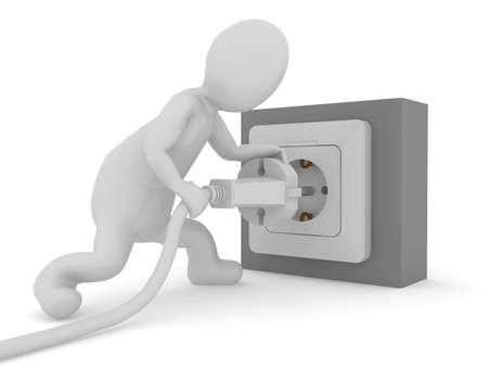 Stickman holding electric plug to socket power supply. 3d illustration high resolution image white background isolated.の写真素材