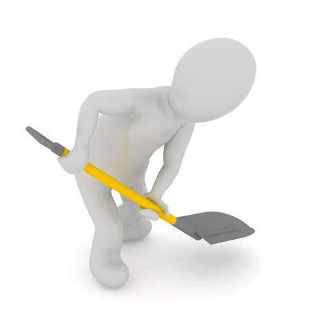 Stickman holding shovel for digging 3d illustration high resolution image white background isolated.の写真素材