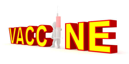 3d text vaccine with stickman holding syringe. High resolution image illustration white background isolated.の写真素材