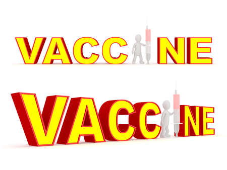 3d text vaccine with stickman holding syringe. High resolution image illustration white background isolated.の写真素材