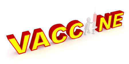 3d text vaccine with stickman holding syringe. High resolution image illustration white background isolated.の写真素材