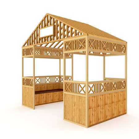 3d illustration gazebo wood texture ornament decoration with seat and blank space company. High resolution image white background isolated.の写真素材