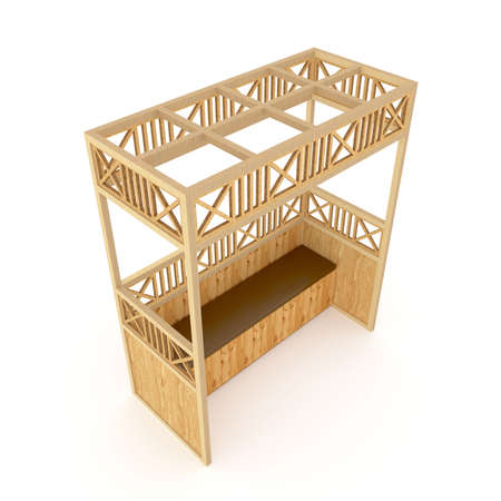 3d illustration gazebo wood texture with ornament decoration and seat, High resolution image white background isolated.の写真素材
