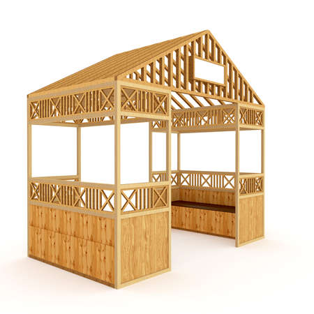 3d illustration gazebo wood texture ornament decoration with seat and blank space company. High resolution image white background isolated.の写真素材