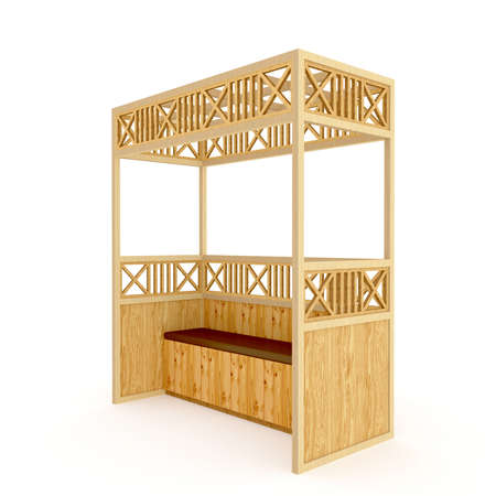 3d illustration gazebo wood texture with ornament decoration and seat, High resolution image white background isolated.の写真素材
