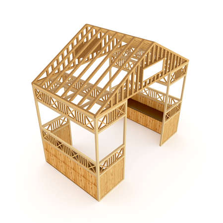 3d illustration gazebo wood texture ornament decoration with seat and blank space company. High resolution image white background isolated.の写真素材