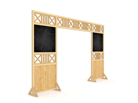 3d illustration gate entrance wood texture ornament decoration with blank blackboard space for   company. High resolution image white background isolated.の写真素材