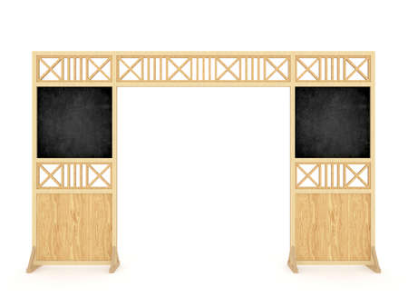 3d illustration gate entrance wood texture ornament decoration with blank blackboard space for   company. High resolution image white background isolated.の写真素材