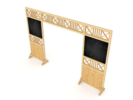 3d illustration gate entrance wood texture ornament decoration with blank blackboard space for   company. High resolution image white background isolated.の写真素材