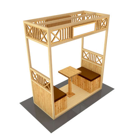3d illustration gazebo wood texture ornament decoration with seat and blank space   company. High resolution image white background isolated.の写真素材