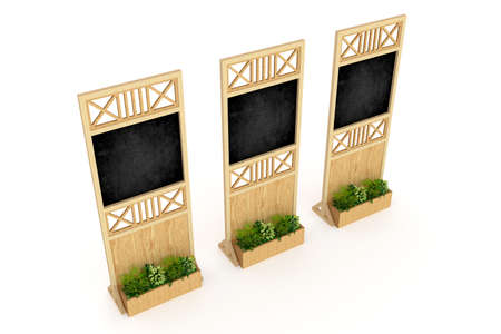 3d illustration standing display backdrop divider wooden texture with blank space blackboard for information and plants. High resolution image white background isolated.の写真素材