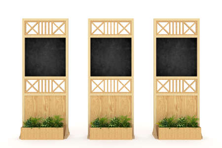 3d illustration standing display backdrop divider wooden texture with blank space blackboard for information and plants. High resolution image white background isolated.の写真素材